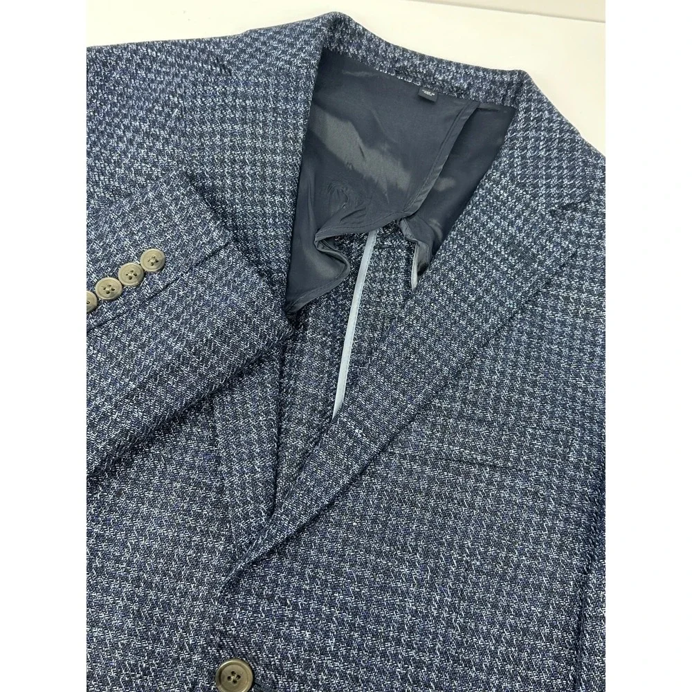 Jos A Bank Linen Blend Sport Coat Blazer Mens Sz 40S Blue Slim Fit Plaid Y7